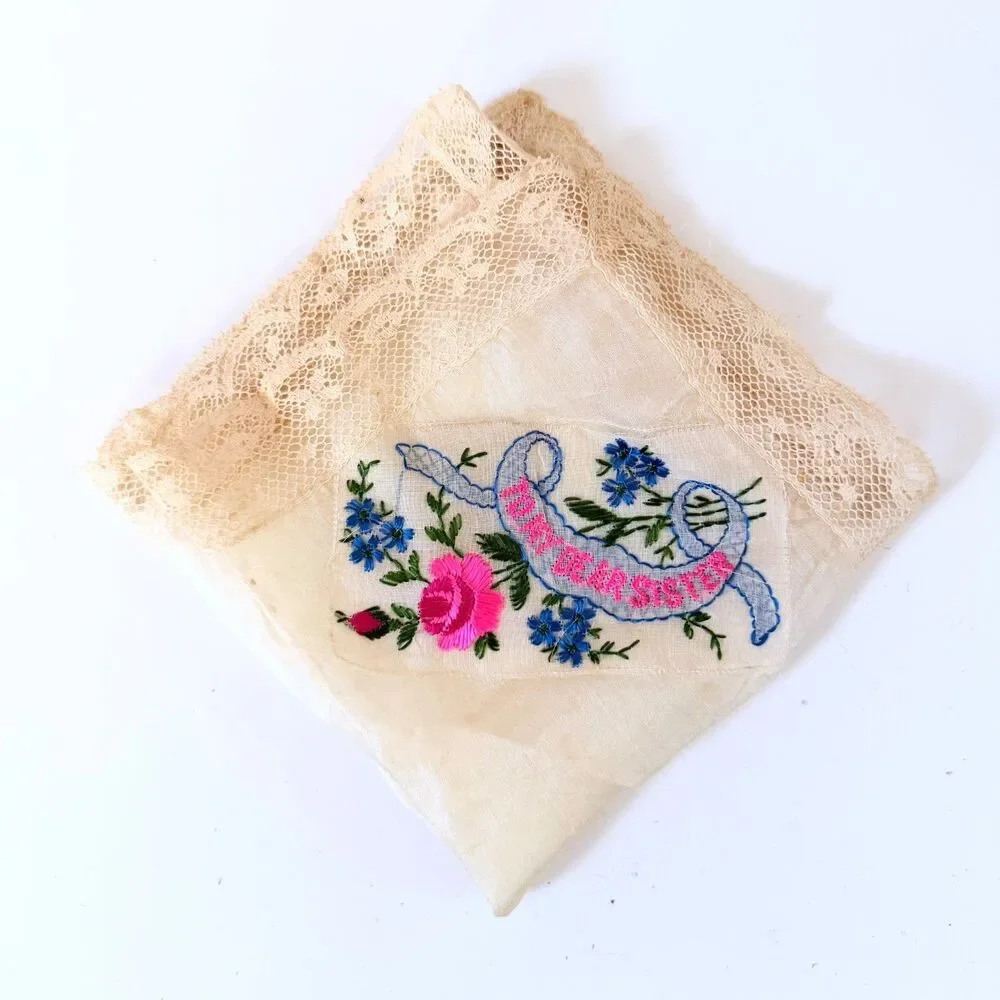 Vintage Embroidered Sister Handkerchiefs Pair Floral Lace To My Dear Sister